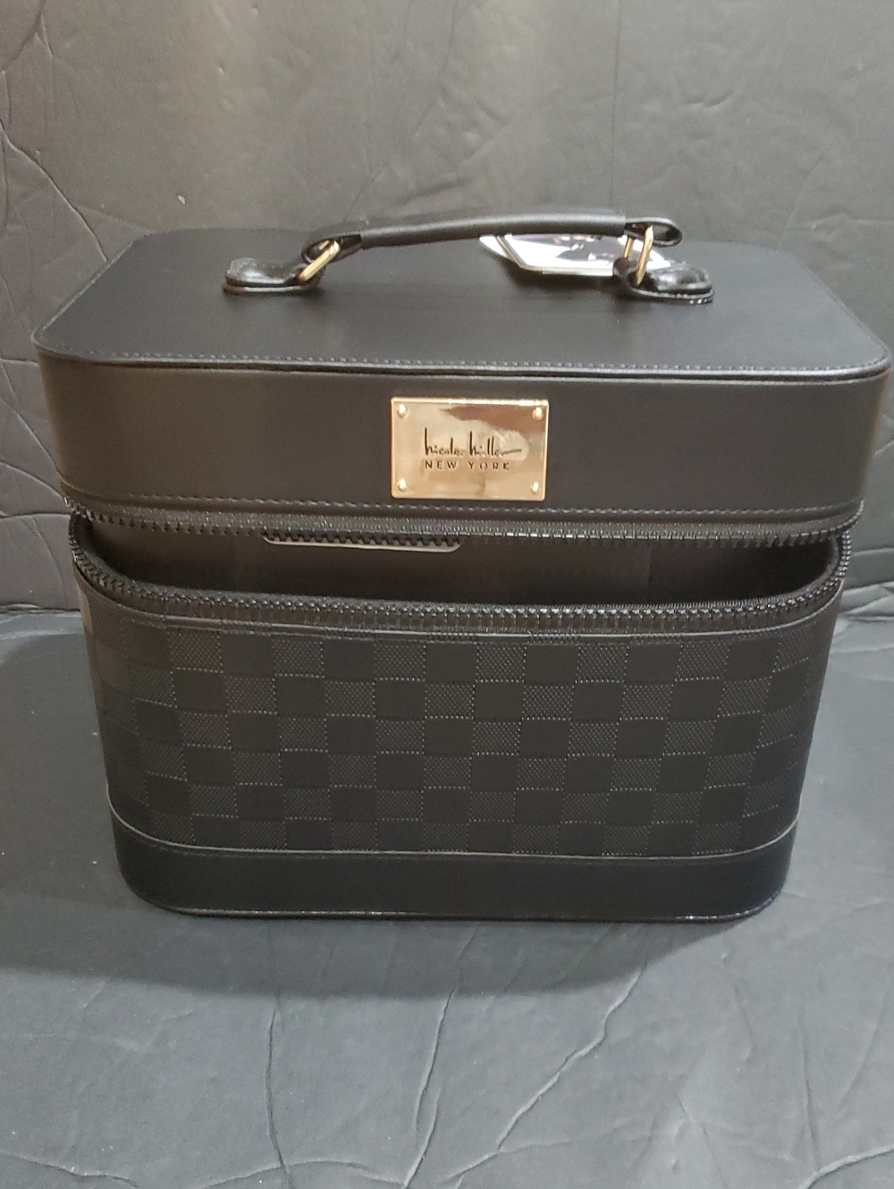 Nicole Miller black damier style large cosmetics beauty hard train case new